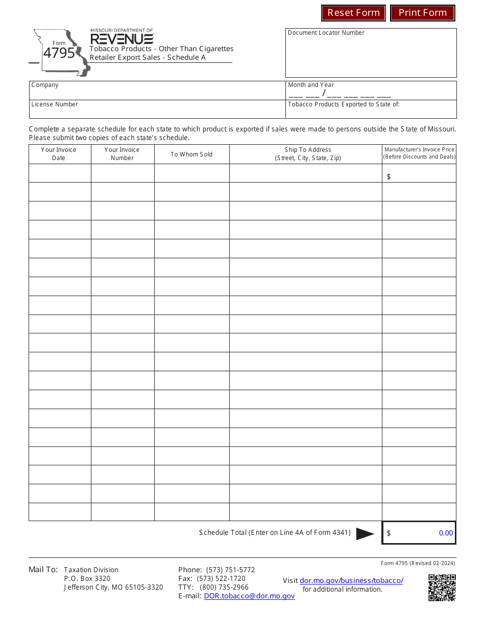 Form 4795 Schedule A Tobacco Products - Other Than Cigarettes Retailer Export Sales - Missouri, Page 1