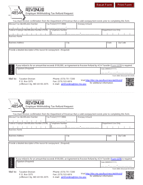 Form 4854 Employer Withholding Tax Refund Request - Missouri