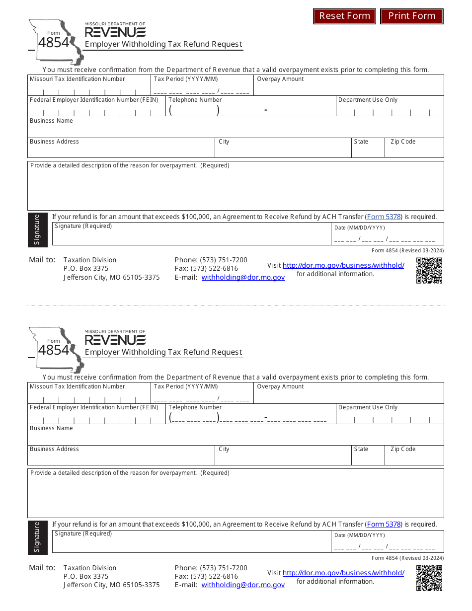 Form 4854 Employer Withholding Tax Refund Request - Missouri, Page 1