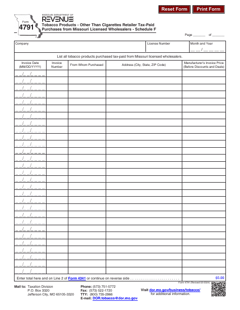 Form 4791 Schedule F  Printable Pdf