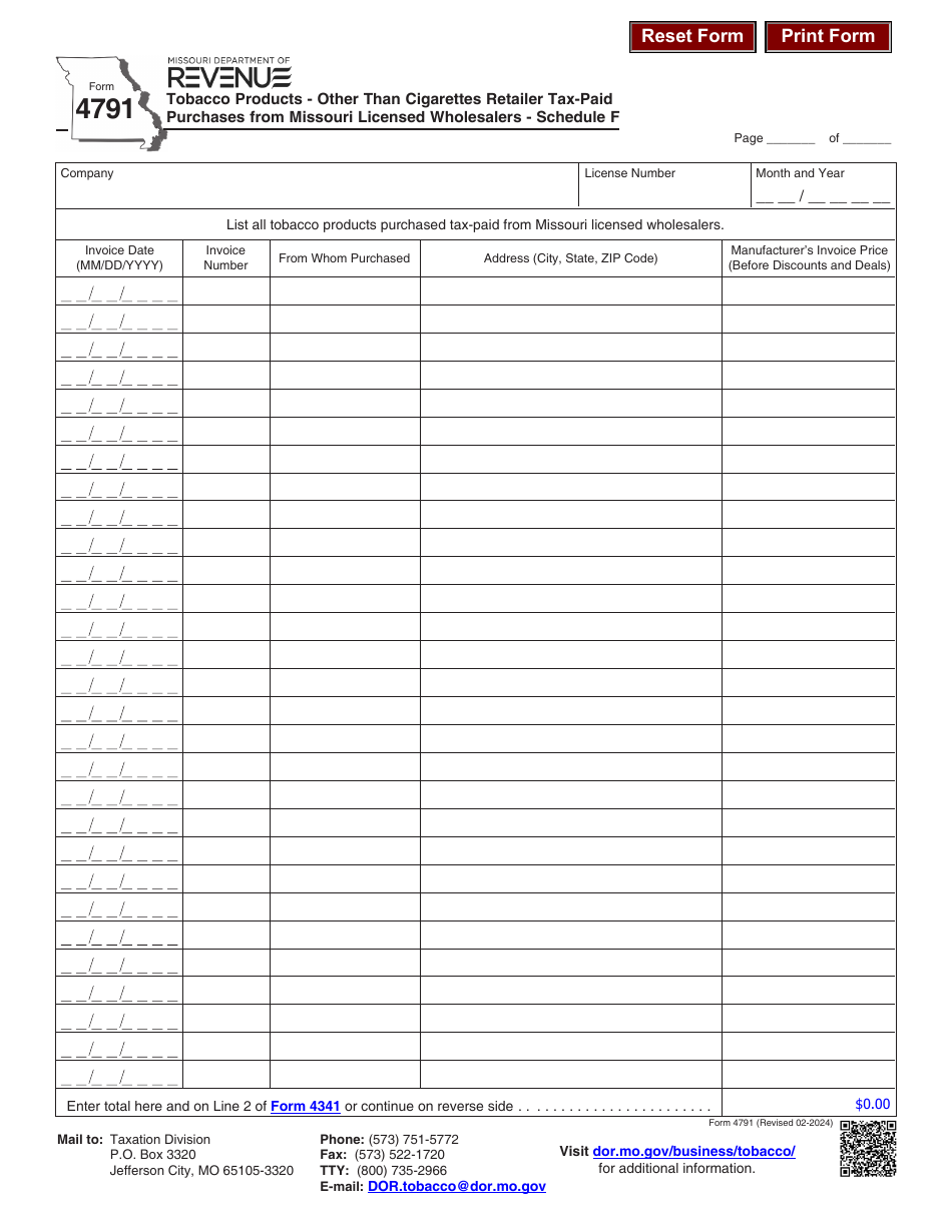 Form 4791 Schedule F Tobacco Products - Other Than Cigarettes Retailer Tax-Paid Purchases From Missouri Licensed Wholesalers - Missouri, Page 1