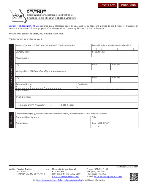 Form 5298 Registration for Electronic Notification of Changes in the Missouri Tobacco Directory - Missouri