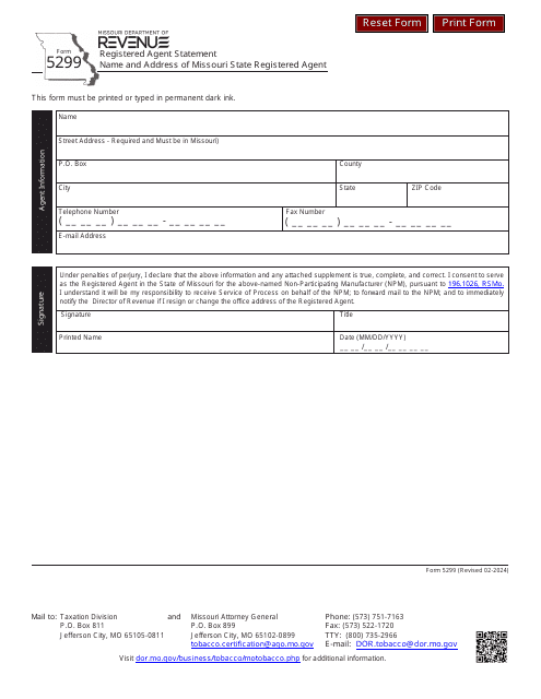 Form 5299 Registered Agent Statement Name and Address of Missouri State Registered Agent - Missouri