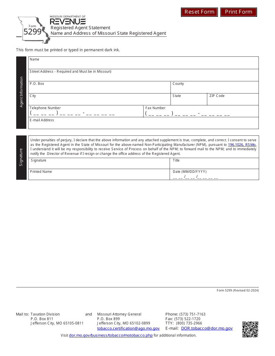 Form 5299 Registered Agent Statement Name and Address of Missouri State Registered Agent - Missouri, Page 1