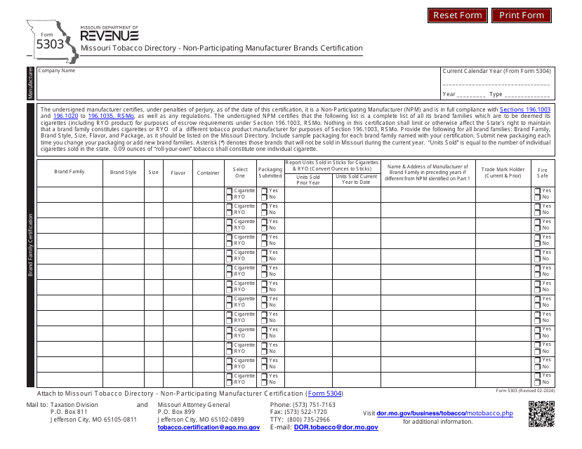 Form 5303 Missouri Tobacco Directory - Non-participating Manufacturer Brands Certification - Missouri