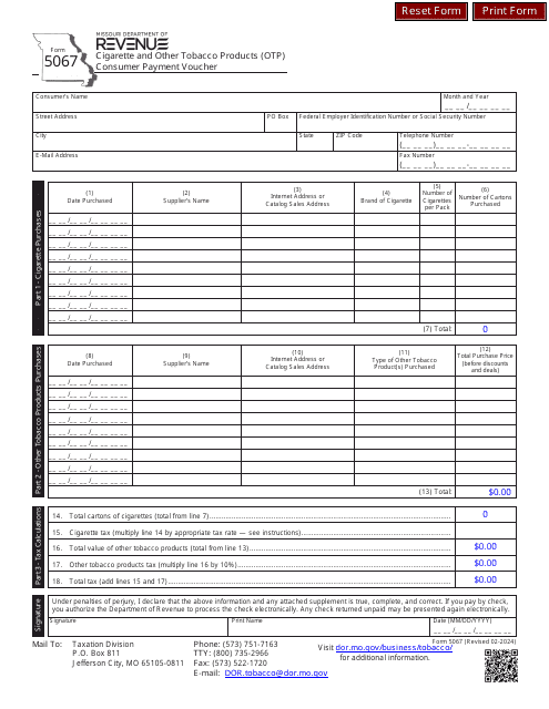 Form 5067 Cigarette and Other Tobacco Products (Otp) Consumer Payment Voucher - Missouri