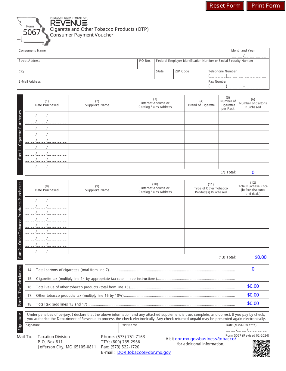 Form 5067 Cigarette and Other Tobacco Products (Otp) Consumer Payment Voucher - Missouri, Page 1