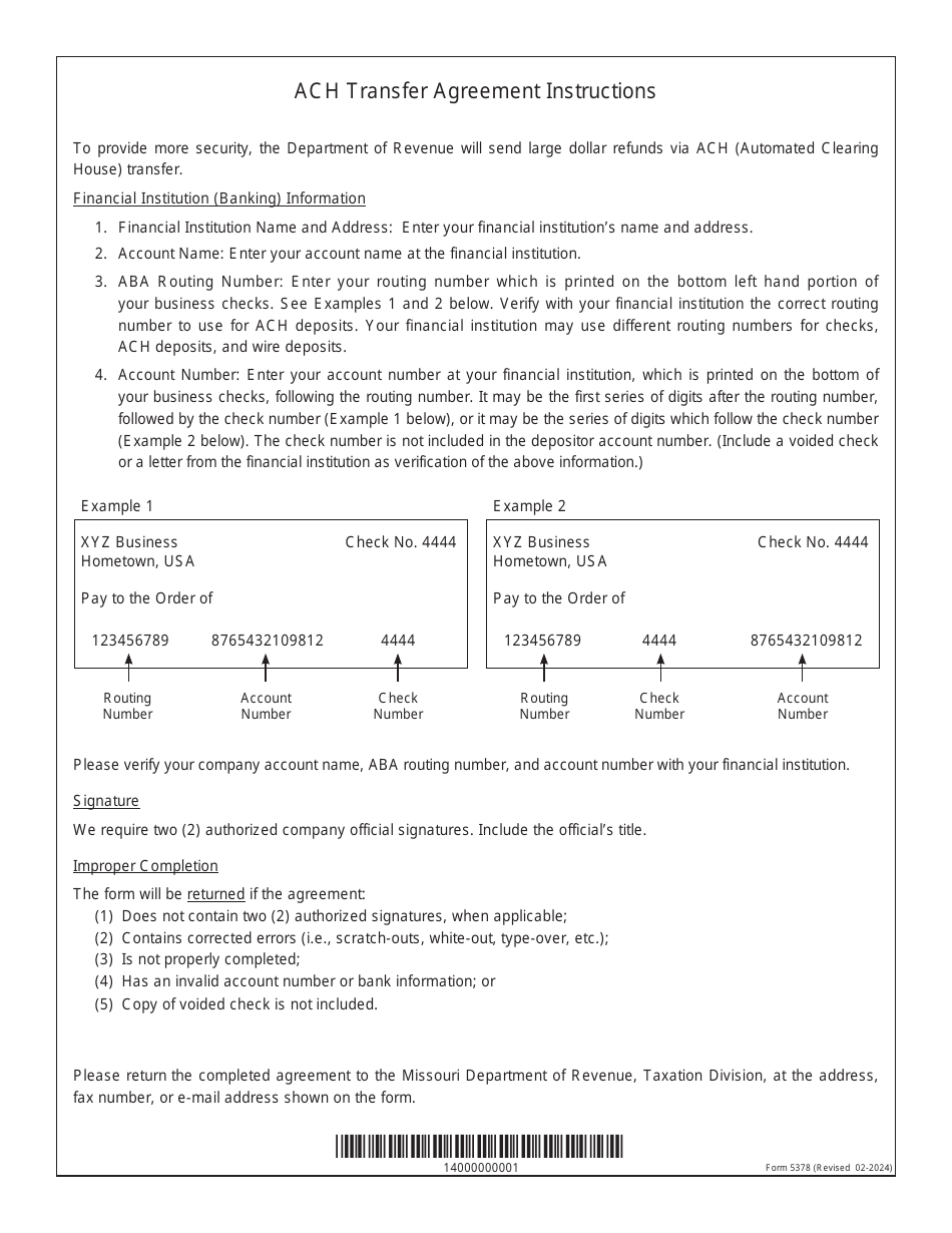 Form 5378 Agreement to Receive Refund by ACH Transfer - Missouri, Page 3