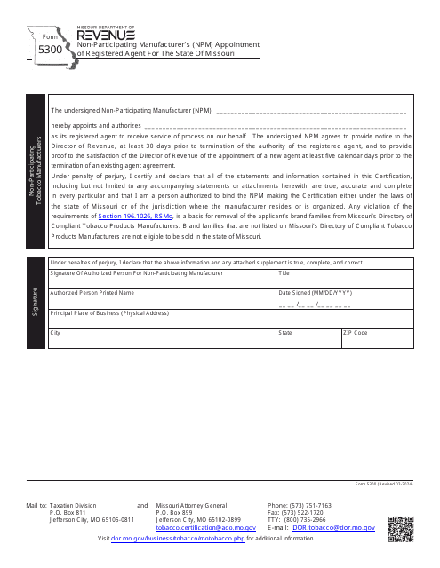 Form 5300 Non-participating Manufacturer's (Npm) Appointment of Registered Agent for the State of Missouri - Missouri