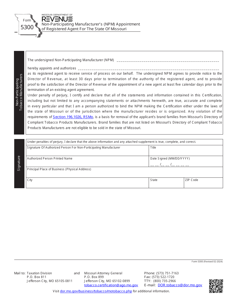 Form 5300 Non-participating Manufacturers (Npm) Appointment of Registered Agent for the State of Missouri - Missouri, Page 1