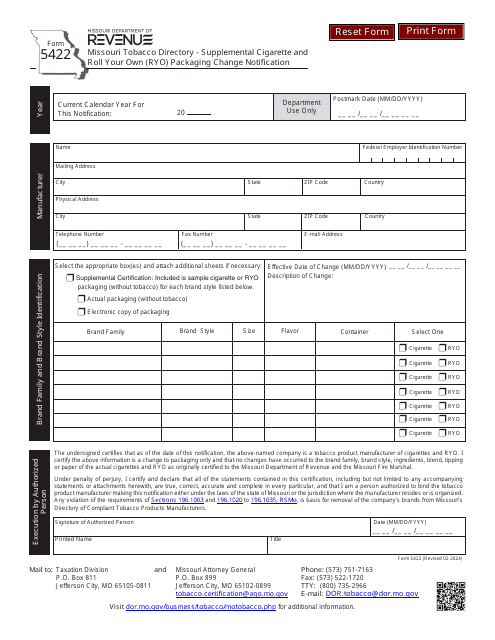 Form 5422 Missouri Tobacco Directory - Supplemental Cigarette and Roll Your Own (Ryo) Packaging Change Notification - Missouri