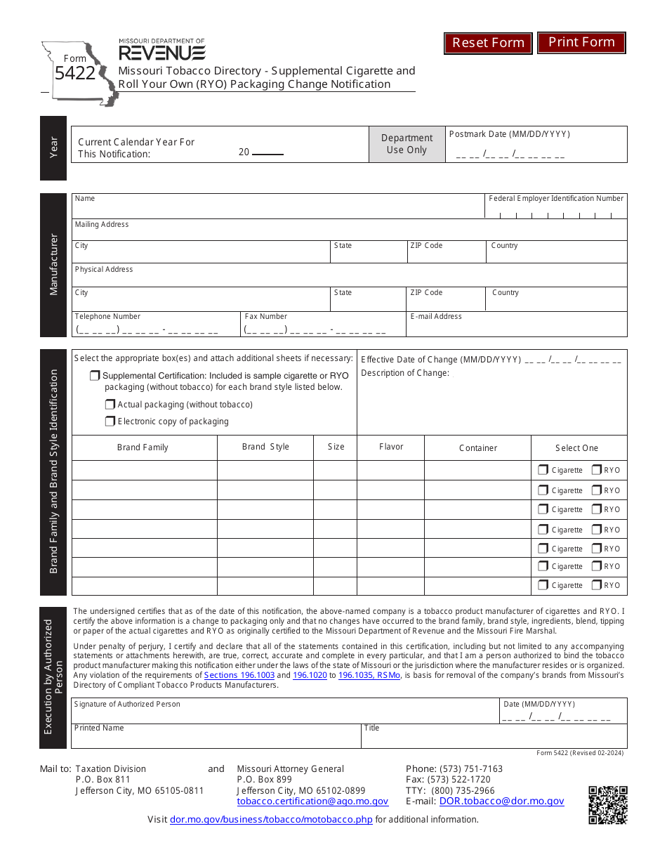 Form 5422 Missouri Tobacco Directory - Supplemental Cigarette and Roll Your Own (Ryo) Packaging Change Notification - Missouri, Page 1