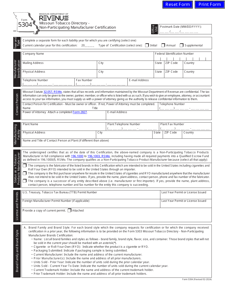 Form 5304 Missouri Tobacco Directory - Non-participating Manufacturer Certification - Missouri, Page 1