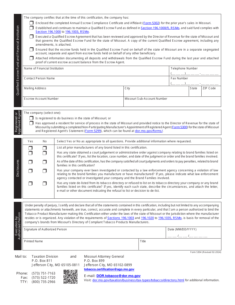 Form 5304 Missouri Tobacco Directory - Non-participating Manufacturer Certification - Missouri, Page 3