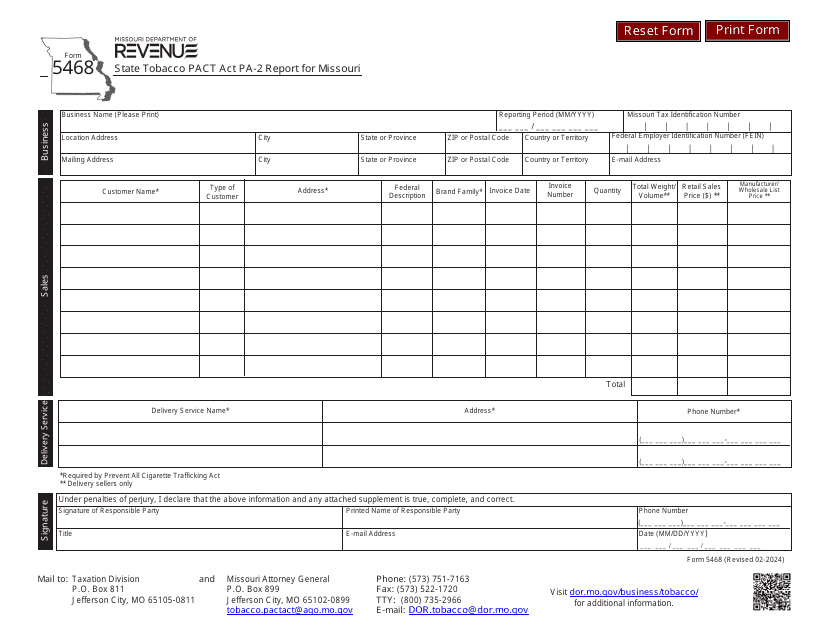 Form 5468 State Tobacco Pact Act Pa-2 Report for Missouri - Missouri
