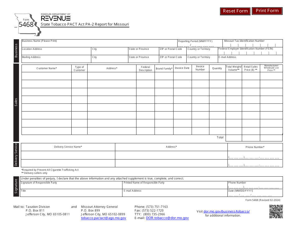 Form 5468 State Tobacco Pact Act Pa-2 Report for Missouri - Missouri, Page 1