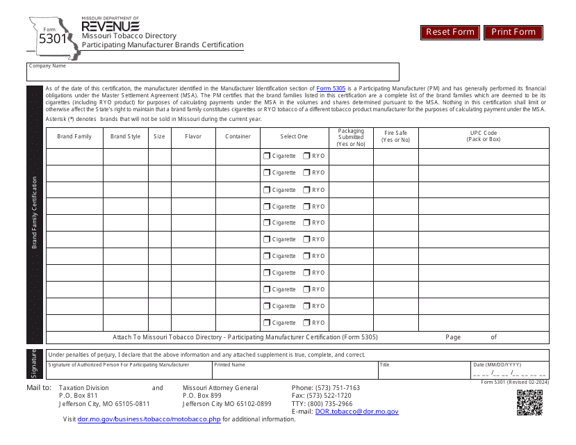 Form 5301 Participating Manufacturer Brands Certification - Missouri