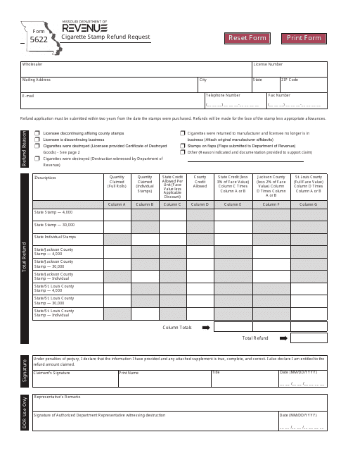 Form 5622 Cigarette Stamp Refund Request - Missouri