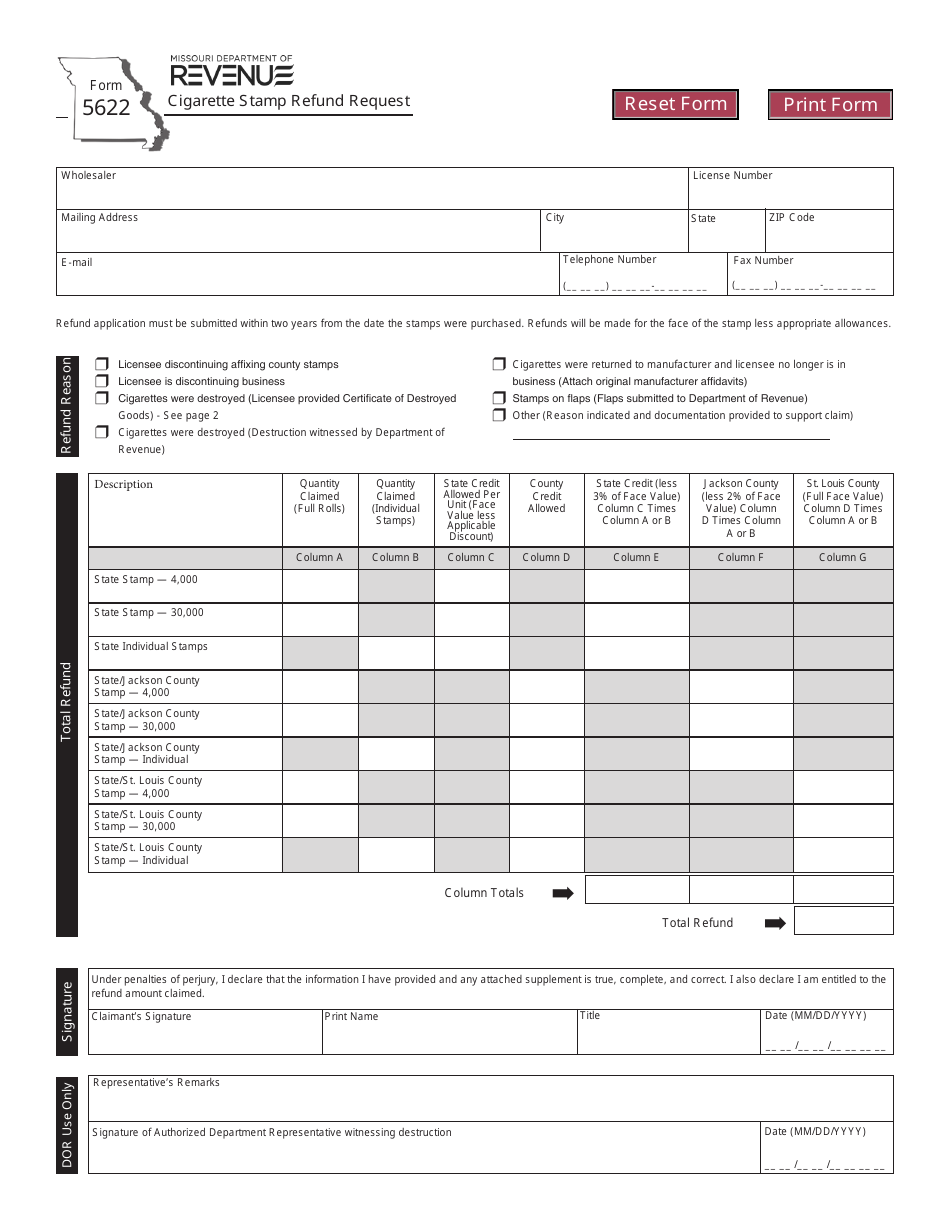 Form 5622 Cigarette Stamp Refund Request - Missouri, Page 1