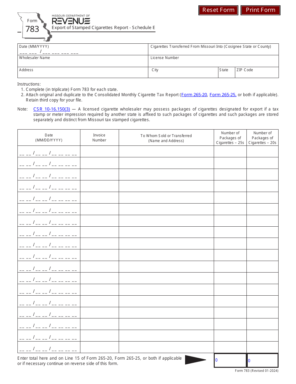 Form 783 Schedule E Export of Stamped Cigarettes Report - Missouri, Page 1
