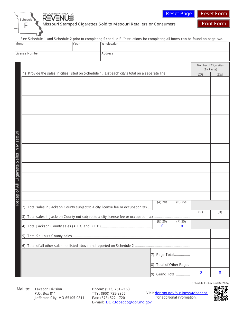 Schedule F Missouri Stamped Cigarettes Sold to Missouri Retailers or Consumers - Missouri, Page 1