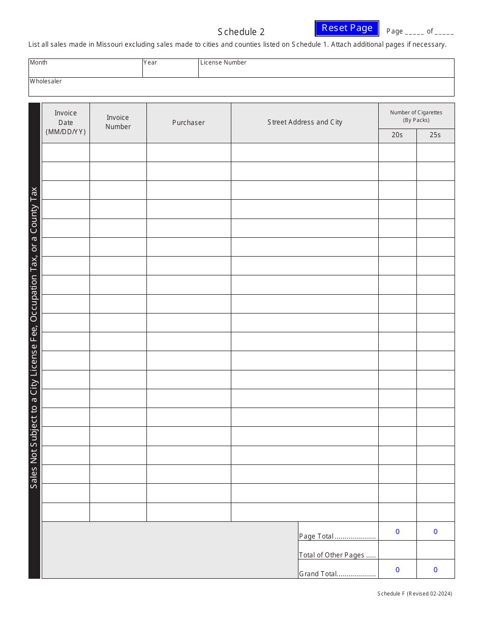 Schedule F Missouri Stamped Cigarettes Sold to Missouri Retailers or Consumers - Missouri, Page 5