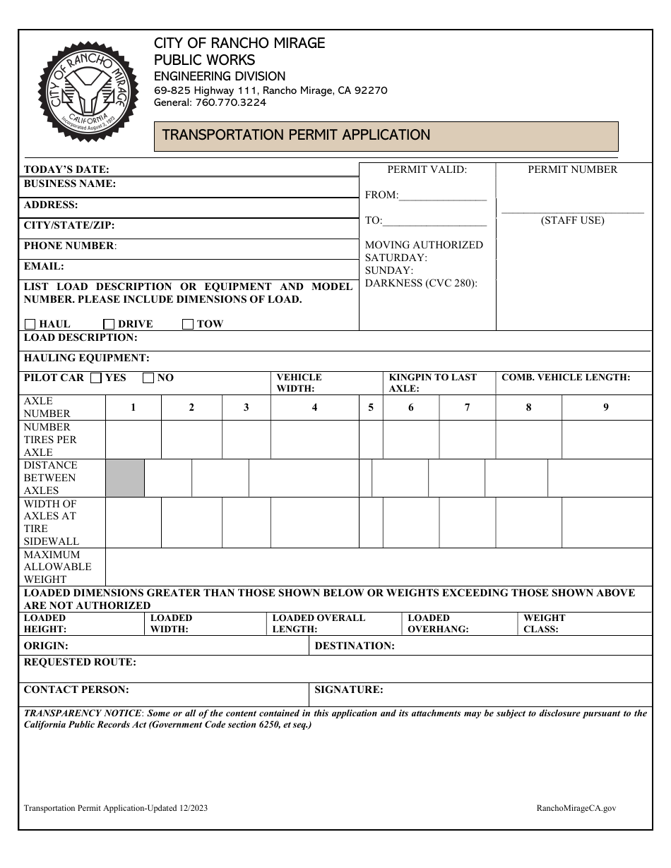 Transportation Permit Application - City of Rancho Mirage, California, Page 1