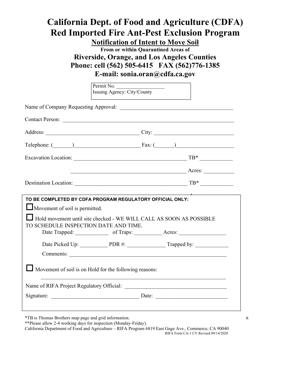 RIFA Form CA-1 CV Notification of Intent to Move Soil - Red Ant Farm - City of Rancho Santa Margarita, California, Page 1