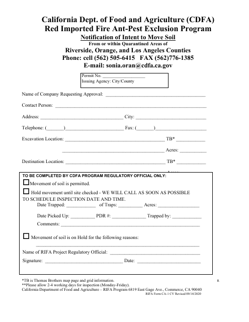 RIFA Form CA-1 CV Notification of Intent to Move Soil - Red Ant Farm - City of Rancho Santa Margarita, California