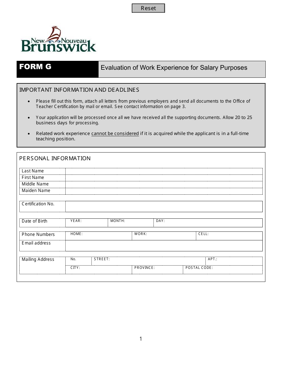 Form G Evaluation of Work Experience for Salary Purposes - New Brunswick, Canada, Page 1