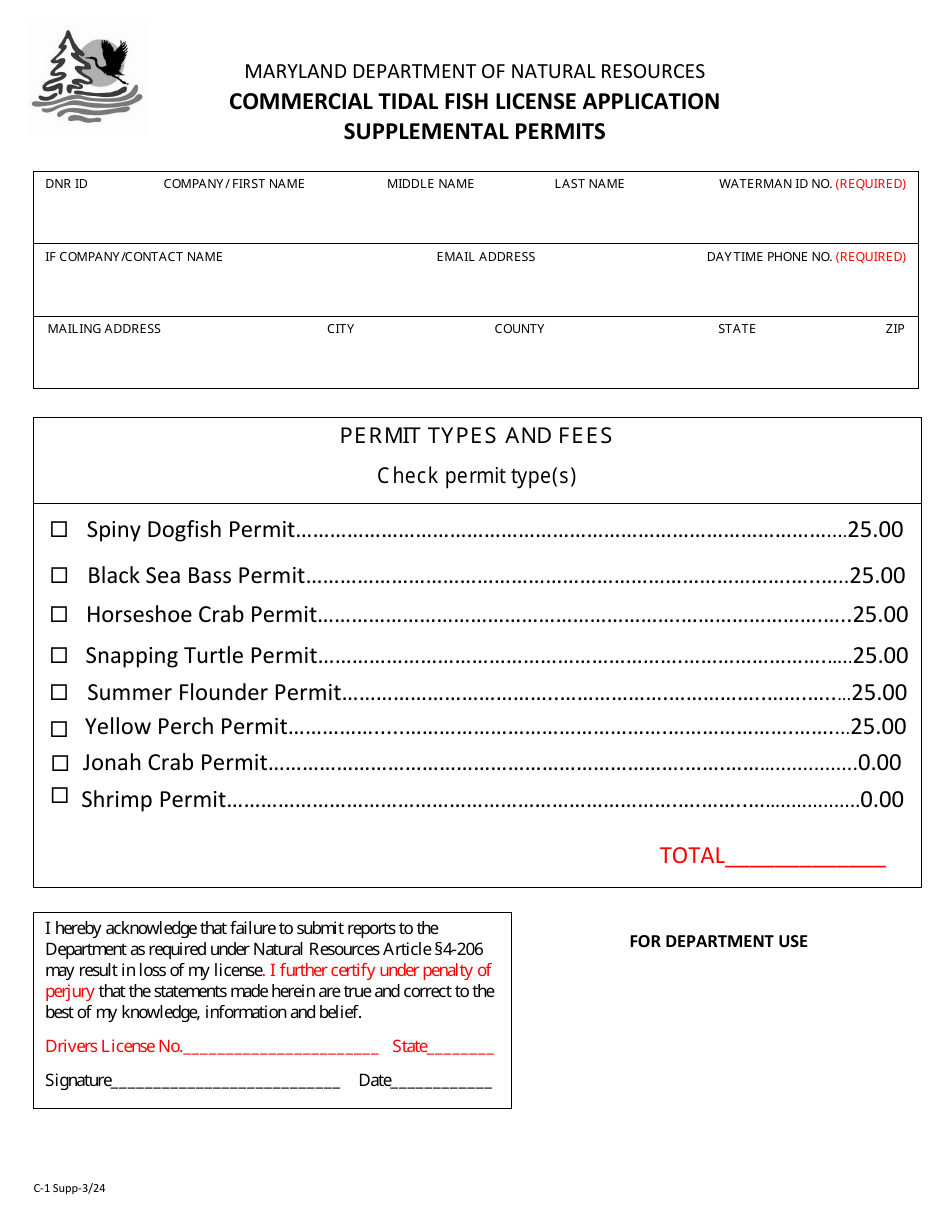 Form C-1 Commercial Tidal Fish License Application - Supplemental Permits - Maryland, Page 1