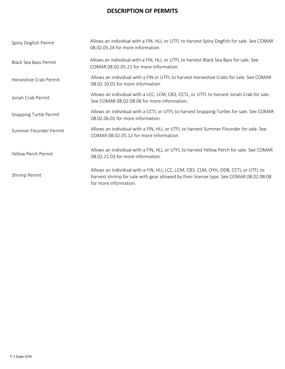 Form C-1 Commercial Tidal Fish License Application - Supplemental Permits - Maryland, Page 2