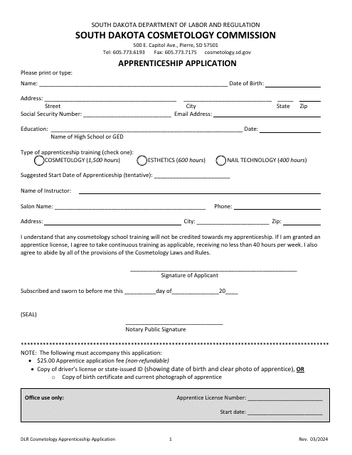 Cosmetology Apprenticeship Application - South Dakota