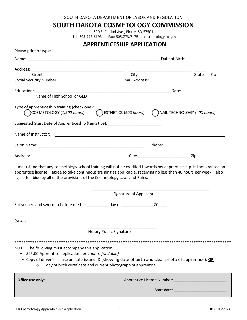 Cosmetology Apprenticeship Application - South Dakota, Page 1