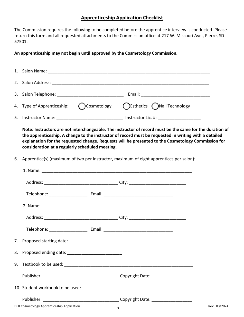 Cosmetology Apprenticeship Application - South Dakota, Page 3