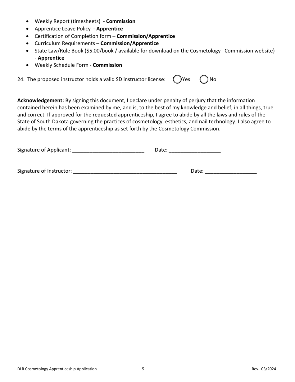 Cosmetology Apprenticeship Application - South Dakota, Page 5