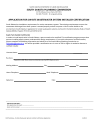 Document preview: Application for on-Site Wastewater System Installer Certification - South Dakota