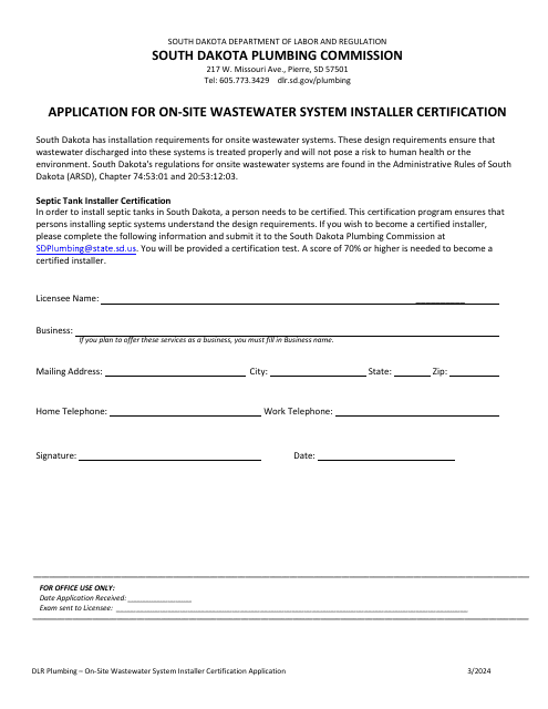 Application for on-Site Wastewater System Installer Certification - South Dakota Download Pdf