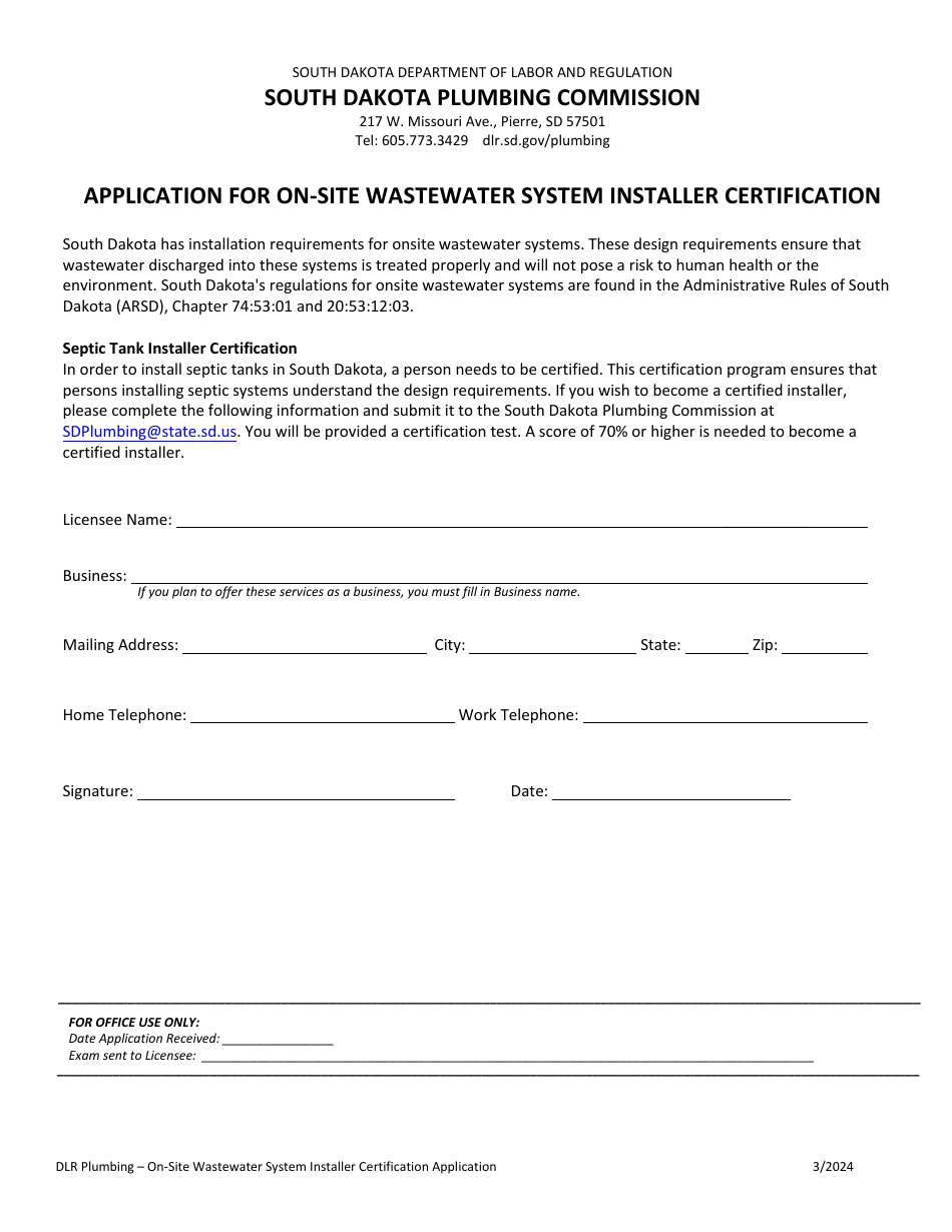 Application for on-Site Wastewater System Installer Certification - South Dakota, Page 1