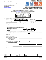 Form A506-3380REI Home Inspector Reinstatement Application - Virginia
