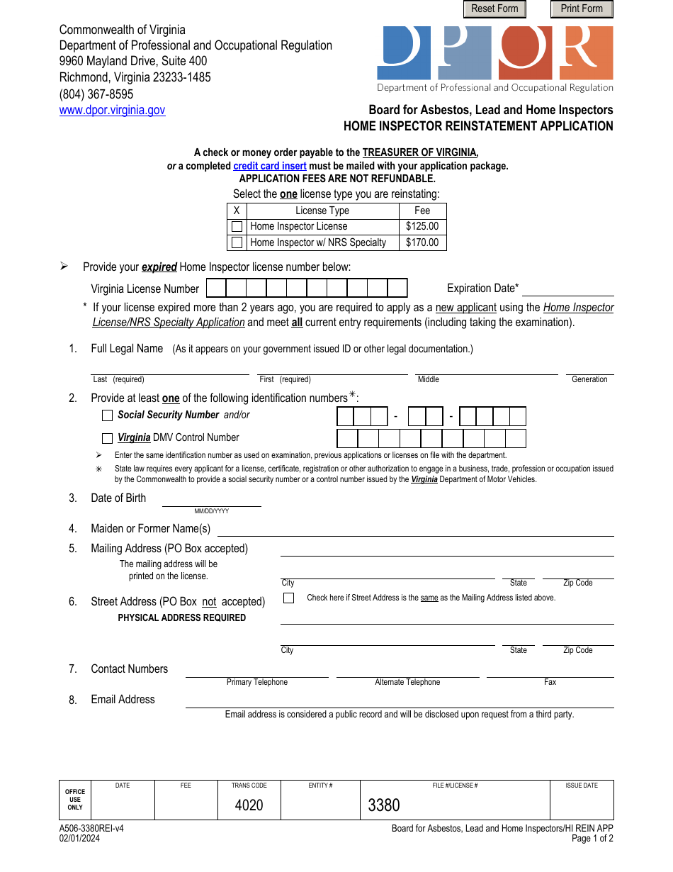 Form A506-3380REI Home Inspector Reinstatement Application - Virginia, Page 1