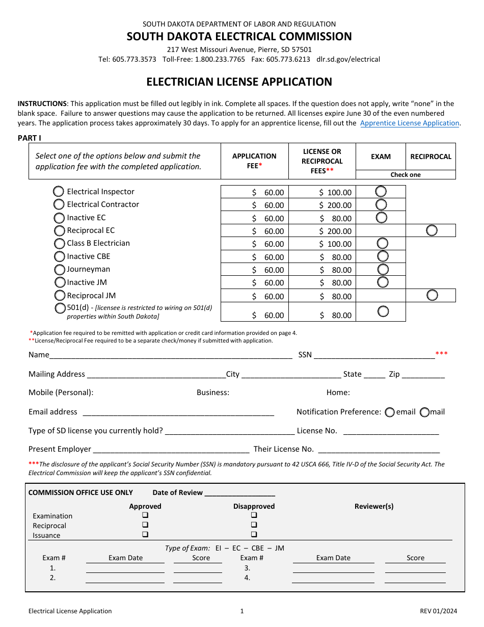 Electrician License Application - South Dakota, Page 1