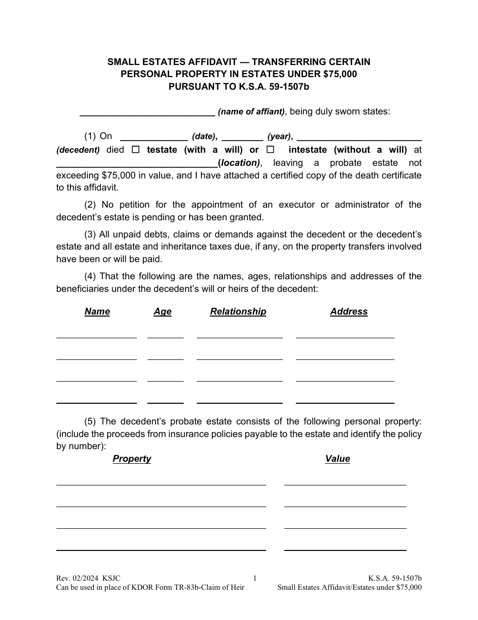 Small Estates Affidavit - Transferring Certain Personal Property in Estates Under $75,000 - Kansas, Page 1