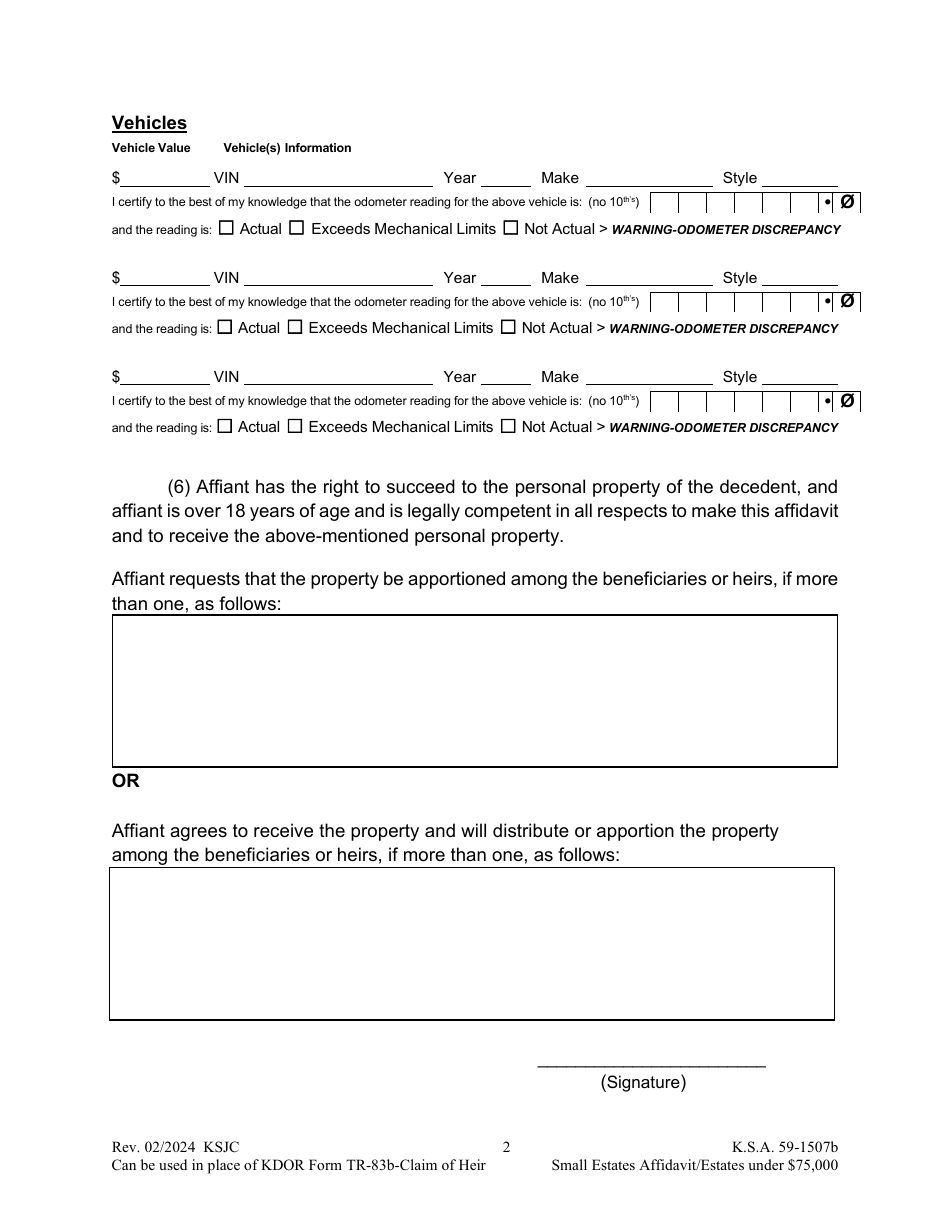 Small Estates Affidavit - Transferring Certain Personal Property in Estates Under $75,000 - Kansas, Page 2