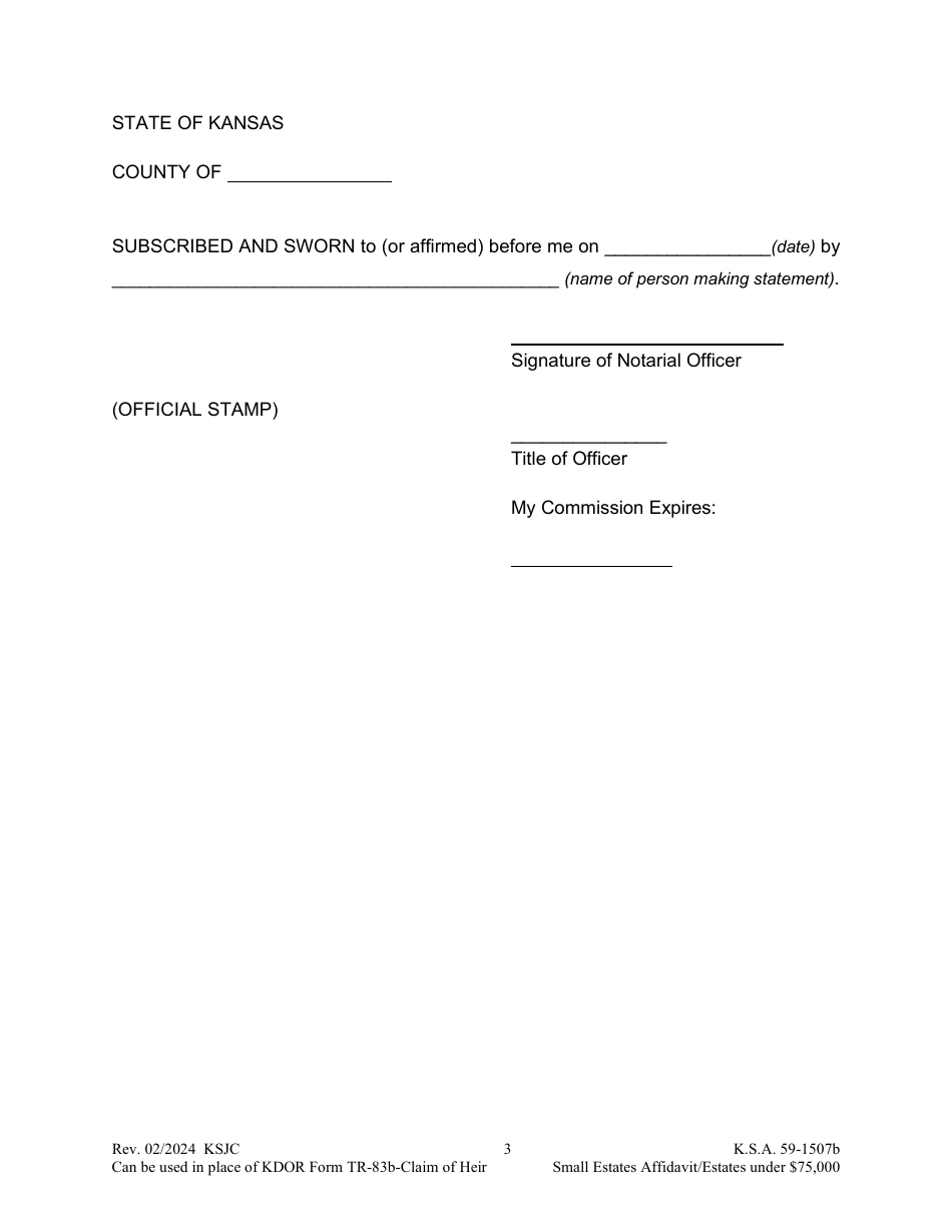 Small Estates Affidavit - Transferring Certain Personal Property in Estates Under $75,000 - Kansas, Page 3