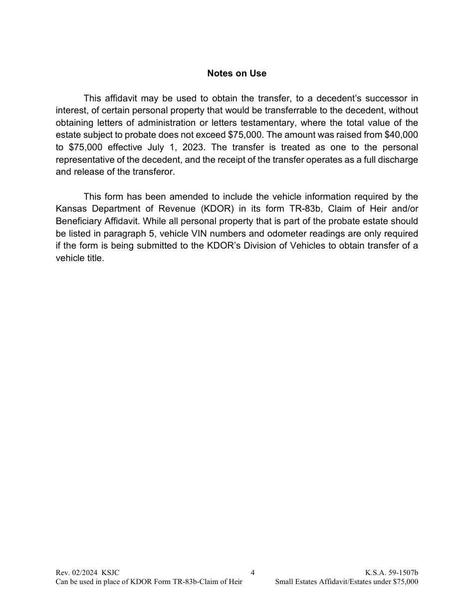 Small Estates Affidavit - Transferring Certain Personal Property in Estates Under $75,000 - Kansas, Page 4