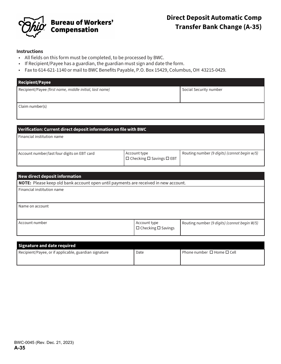 Form A-35 (BWC-0045) Direct Deposit Automatic Comp Transfer Bank Change - Ohio, Page 1