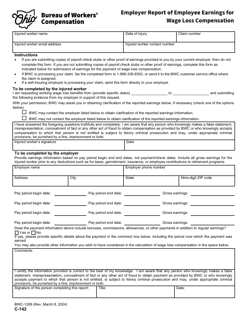 Form C-142 (BMC-1269) Employer Report of Employee Earnings for Wage Loss Compensation - Ohio