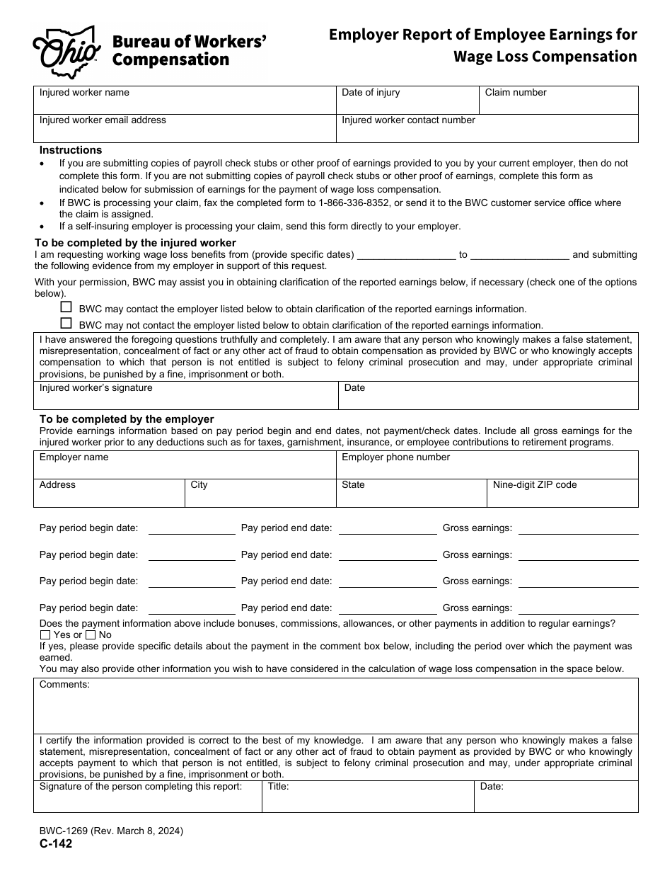 Form C-142 (BMC-1269) Employer Report of Employee Earnings for Wage Loss Compensation - Ohio, Page 1