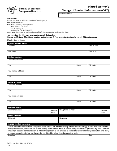 Form C-77 (BWC-1198) Injured Worker's Change of Contact Information - Ohio